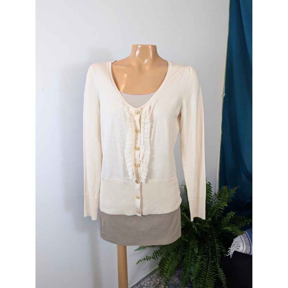 Ann Taylor Cardigan Women Med Cream Silk Blend Ruffle Front Scoop Neck Button Up